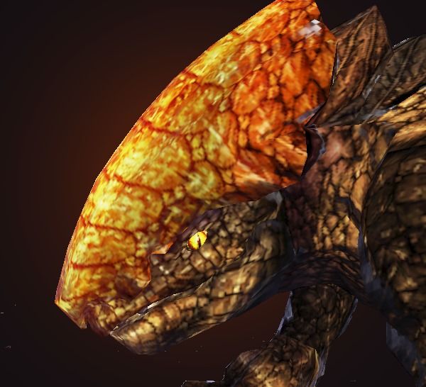 Calcified Earth: a dragon of cracked amber rock with a great crested head and a small yellow eye