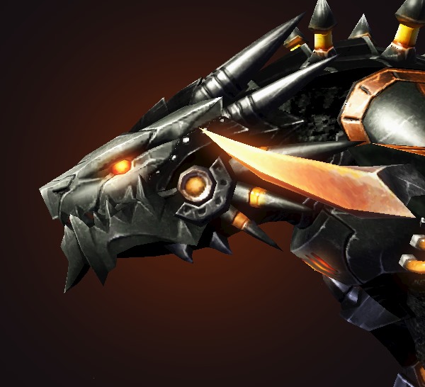 Chrome Death: a black armoured mechanical dragon with glowing orange eyes and blades