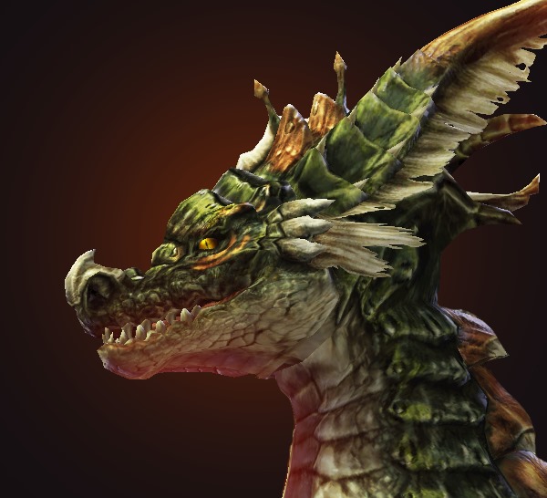 Koramos: a green scaled dragon with a crocodile-like jaw, pale tusks and a spined orange crest